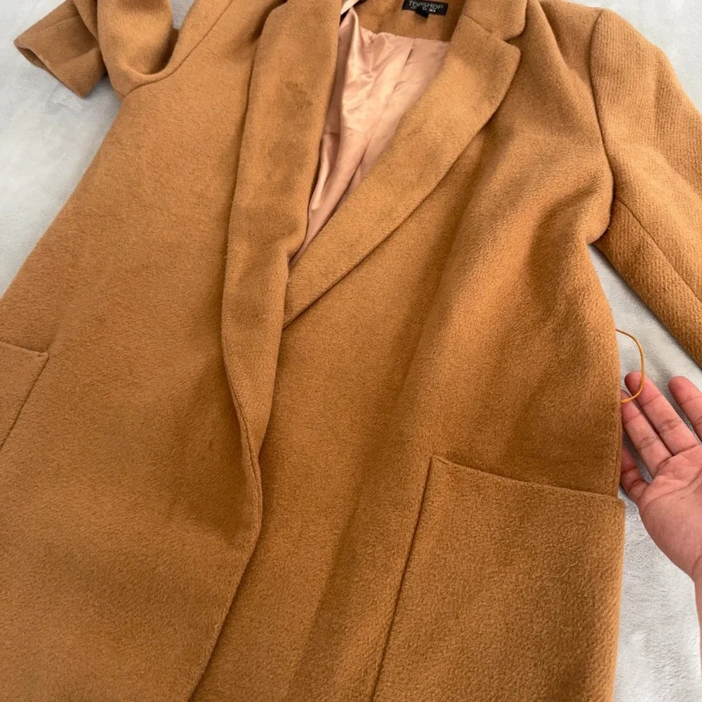 Topshop Women's Camel Brown Longline Open Front Winter Overcoat Jacket Size US 4